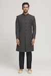 Aryavir Malhotra_Grey Sherwani Brocade Woven Geometric Chevron Pattern Set _Online_at_Aza_Fashions