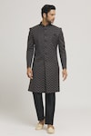 Buy_Aryavir Malhotra_Grey Sherwani Brocade Woven Geometric Chevron Pattern Set _Online_at_Aza_Fashions