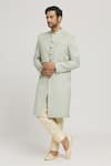 Aryavir Malhotra_Green Sherwani Bamboo Silk Plain Nawabi And Pant Set _Online_at_Aza_Fashions