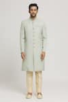 Aryavir Malhotra_Green Sherwani Bamboo Silk Plain Nawabi And Pant Set _at_Aza_Fashions