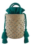 Shop_Anshu Goyal_Green Diamonte Studded Straw Bucket Bag_at_Aza_Fashions