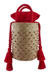 Shop_Anshu Goyal_Red Diamonte Basket Woven Straw Bucket Bag_at_Aza_Fashions