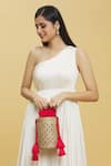 Anshu Goyal_Red Diamonte Basket Woven Straw Bucket Bag_Online_at_Aza_Fashions