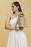 Buy_Anshu Goyal_Brown Diamonte Basket Weave Straw Bucket Bag _at_Aza_Fashions