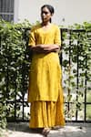 Buy_Dot_Yellow Cotton Embroidery V-neck Chintz Print Kurta And Sharara Set _at_Aza_Fashions