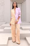 Buy_Aapro_Beige Soft Modal Satin Hand Block Printed Checkered Mabel Blazer And Pant Set _at_Aza_Fashions