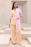 Buy_Aapro_Beige Soft Modal Satin Hand Block Printed Checkered Mabel Blazer And Pant Set _Online_at_Aza_Fashions