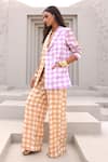 Aapro_Beige Soft Modal Satin Hand Block Printed Checkered Mabel Blazer And Pant Set _at_Aza_Fashions