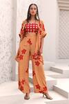 Buy_Aapro_Orange Natural Crepe Hand Block Printed Checkered Phoenix Shirt Pant Set _at_Aza_Fashions