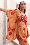 Shop_Aapro_Orange Natural Crepe Hand Block Printed Checkered Phoenix Shirt Pant Set _Online_at_Aza_Fashions