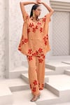 Buy_Aapro_Orange Natural Crepe Hand Block Printed Checkered Bianca Shirt And Pant Set _Online_at_Aza_Fashions