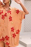 Shop_Aapro_Orange Natural Crepe Hand Block Printed Checkered Bianca Shirt And Pant Set _Online_at_Aza_Fashions