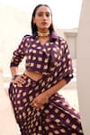 Aapro_Beige Natural Crepe Hand Block Printed Jane Pre-draped Saree With Jacket _Online_at_Aza_Fashions