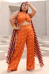 Shop_Aapro_Orange Modal Satin Hand Block Printed Stripe Jacket Open Veda Pant Set _at_Aza_Fashions