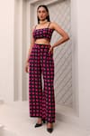 Buy_Aapro_Black Natural Crepe Hand Block Printed Checkered Pearl Bustier And Pant Set _at_Aza_Fashions