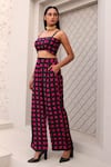 Aapro_Black Natural Crepe Hand Block Printed Checkered Pearl Bustier And Pant Set _Online_at_Aza_Fashions