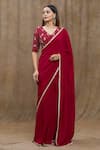 Buy_Nazaakat by Samara Singh_Red Pure Chanderi Silk Hand Embroidered V Neck Saree With Floral Blouse_at_Aza_Fashions