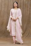 Khwaab by Sanjana Lakhani_Peach Pure Chanderi Silk Hand Embroidered Floral Notched Kurta Pant Set_Online_at_Aza_Fashions