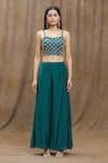 Samyukta Singhania_Green Crop Top And Pant- Pure Chanderi Silk Hand Flared Set With Jacket _Online_at_Aza_Fashions