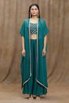 Buy_Samyukta Singhania_Green Crop Top And Pant- Pure Chanderi Silk Hand Flared Set With Jacket _Online_at_Aza_Fashions