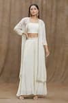 Buy_Khwaab by Sanjana Lakhani_Off White Crop Top And Pant- Pure Chanderi Silk Hand Flared Set With Jacket_at_Aza_Fashions