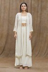 Buy_Khwaab by Sanjana Lakhani_Off White Crop Top And Pant- Pure Chanderi Silk Hand Flared Set With Jacket_Online_at_Aza_Fashions