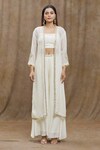 Buy_Samyukta Singhania_Off White Crop Top And Pant- Pure Chanderi Silk Hand Flared Set With Jacket _Online_at_Aza_Fashions