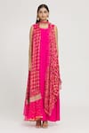Label Lila_Pink Art Silk Bandhani Kurta Round Pattern Cape Jacket With _Online_at_Aza_Fashions