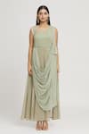 Label Lila_Green Artificial Georgette Embellished Sequins Round Neck Draped Gown _Online_at_Aza_Fashions