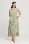 Buy_Label Lila_Green Artificial Georgette Embellished Sequins Round Neck Draped Gown _Online_at_Aza_Fashions
