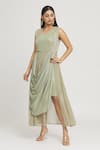 Shop_Label Lila_Green Artificial Georgette Embellished Sequins Round Neck Draped Gown _Online_at_Aza_Fashions