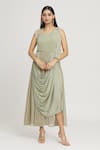 Buy_Label Lila_Green Artificial Georgette Embellished Sequins Round Neck Draped Gown _at_Aza_Fashions