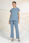 Kaveri_Blue Linen Rhinestones Round Neck Brazen Fall Embellished Top _Online_at_Aza_Fashions