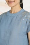 Shop_Kaveri_Blue Linen Rhinestones Round Neck Brazen Fall Embellished Top _Online_at_Aza_Fashions