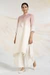 KAVERI_Pink 100% Linen Embellished Metallic Mandarin Bloom Yoke Ombre Kurta  _Online_at_Aza_Fashions