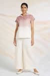 Buy_Kaveri_Pink Linen Embroidery Collared Metallic Glitch Embellished Ombre Top _at_Aza_Fashions
