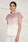 Kaveri_Pink Linen Embroidery Collared Metallic Glitch Embellished Ombre Top _Online_at_Aza_Fashions