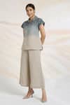 Kaveri_Blue Linen Embroidery Collared Metallic Florin Embellished Ombre Top _Online_at_Aza_Fashions