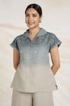 Buy_Kaveri_Blue Linen Embroidery Collared Metallic Florin Embellished Ombre Top _Online_at_Aza_Fashions