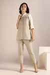 Buy_Kaveri_Off White Linen Embroidery Shawl Neck Stone Colour Block Shirt _at_Aza_Fashions