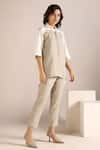 Kaveri_Off White Linen Embroidery Shawl Neck Stone Colour Block Shirt _Online_at_Aza_Fashions