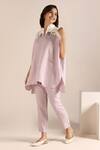 Buy_Kaveri_Off White Linen Embroidery Collared Colour Block Square Top With Pant _at_Aza_Fashions