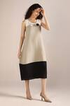 Buy_Kaveri_Off White Linen Embroidery Round Neck Step Colour Block Dress _at_Aza_Fashions