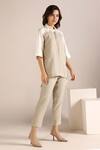 Buy_Kaveri_Off White Linen Embroidery Shawl Neck Colour Block Shirt With Pant _at_Aza_Fashions