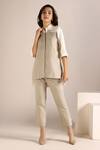 Kaveri_Off White Linen Embroidery Shawl Neck Colour Block Shirt With Pant _Online_at_Aza_Fashions