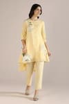 Buy_KAVERI_Yellow 100% Linen Printed Floral Round Camellia Asymmetric Kurta  _at_Aza_Fashions