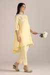 Buy_KAVERI_Yellow 100% Linen Printed Floral Round Camellia Asymmetric Kurta  _Online_at_Aza_Fashions