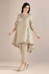 Buy_KAVERI_Beige 100% Linen Printed Floral Round Camellia Asymmetric Kurta  _at_Aza_Fashions