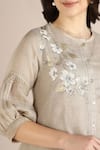 Shop_KAVERI_Beige 100% Linen Printed Floral Round Camellia Asymmetric Kurta  _Online_at_Aza_Fashions