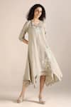 Buy_Kaveri_Beige Linen Embroidery, Lace V-neck Flower Print Asymmetric Twirl Dress _at_Aza_Fashions